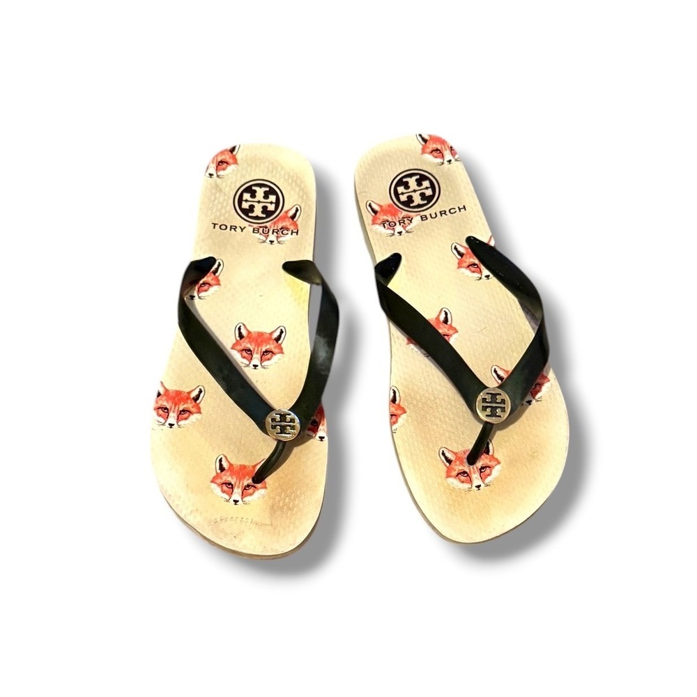 Tory Burch Fox Print‎ Flip Flops Womens 12 Cream Thong Sandals Logo Summer Beach